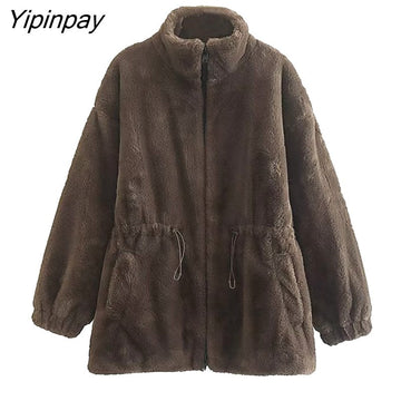 Yipinpay 2023 Women Winter Thicken Faux Fur Coat Zipper Cardigan Loose Jacket Solid Stand Collar Sweat-shirt Outwear Overcoat